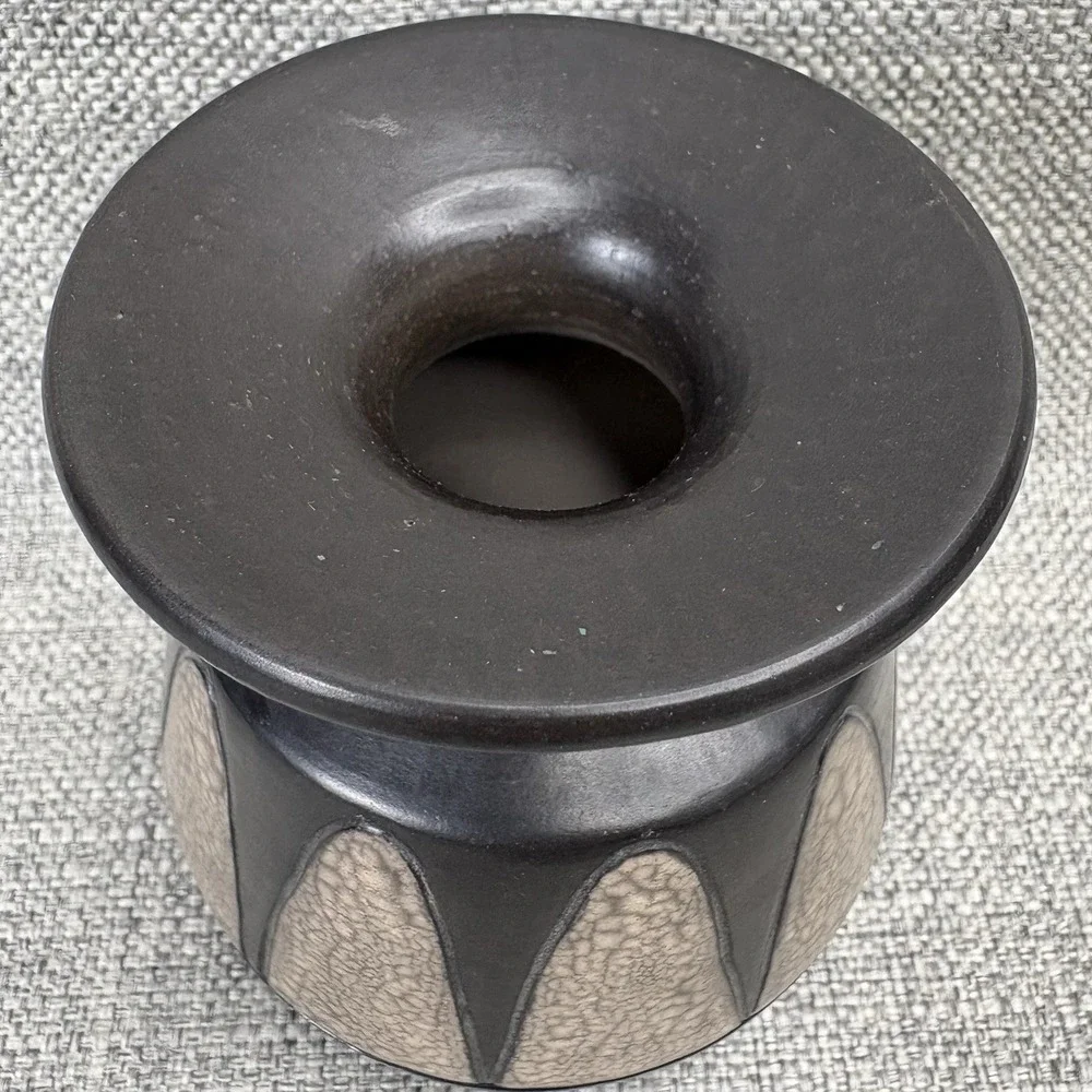 Mid-Century Modern Geometric Ceramic Bud Vase Dark Brown Tan Crackle Glaze 4